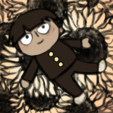 Shigeo Kageyama from Mob Psycho 100 as a plushy lying on a bed of sunflowers