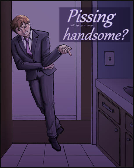 Reigen Arataka leaning on a dark bathroom door frame seductively labeled "Pissing all by yourself handsome?"