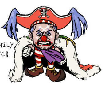 Buggy the Clown from One Piece without most of his body parts pointing at the viewer angrily.