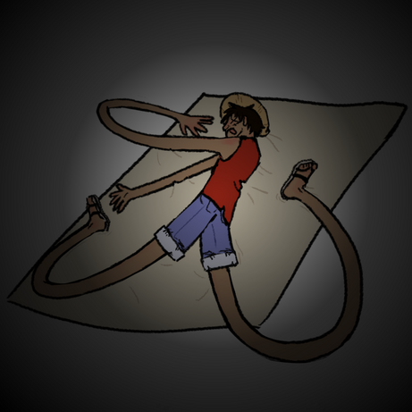 Mokey D. Luffy from One Piece dying in a glue trap. His limbs are stretched out like he was flopping around trying to escape.