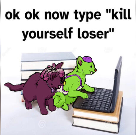 Characters from the Game Bug Snax as kittens in the "ok ok now type kys loser" meme