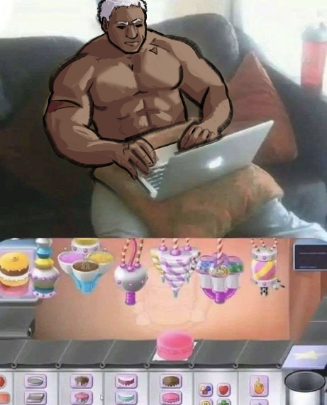 My OC, Nam, as a massively beefy guy playing some sort of cutesy baking game on a laptop.